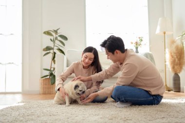 Köpekleri ile oynarlarken gülümseyen bir çift güzel ışıklandırılmış bir oturma odasında yumuşak bir halıda.