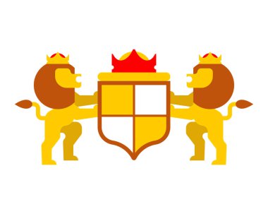 Aslan ve kalkan hanedan sembolü. Leo işareti hayvan silah kat için. Vektör illustratio