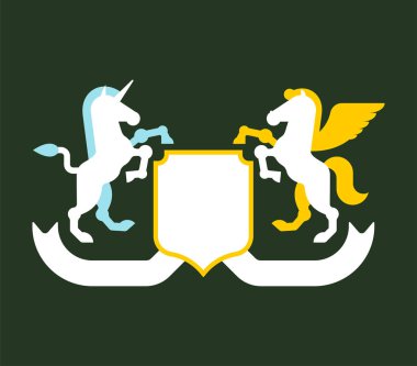 Pegasus ve tek boynuzlu at kalkan hanedan sembolü. Hayvan arması için oturum açın. Vektör illustratio