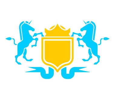 Tek boynuzlu at ve kalkan hanedan sembolü. Hayvan arması için oturum açın. Vektör illustratio