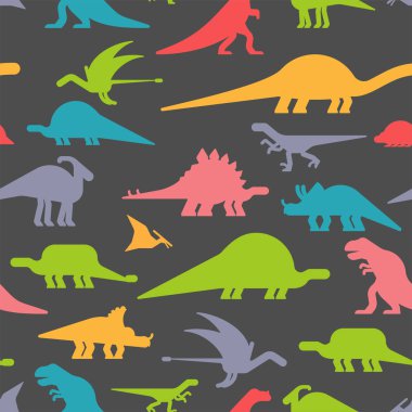 Dinozorlar seamless modeli. Dino doku. Prehistorik canavar kertenkele arka plan. Eski hayvan karikatür tarzı. Çocuk kumaş süsleme. Vektör illustratio