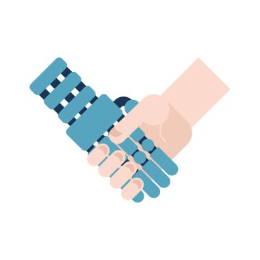 İzole cyborg ve adam el sıkışma. Yapay zeka. Vektör çizim