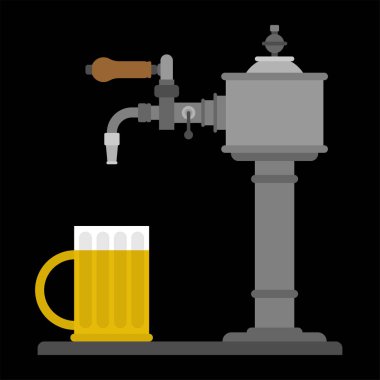Bira musluk ve kupa. Barmen ekipman. Alkol şişe olduğunu. Vektör illustratio
