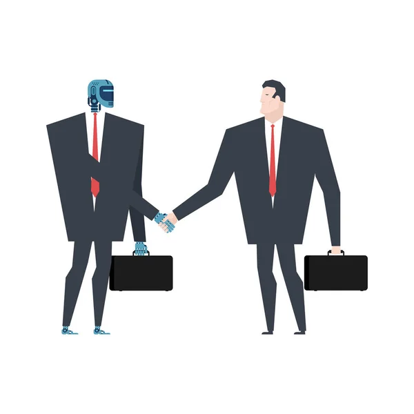 Cyborg Und Mann Händedruck Roboter Und Geschäftsmann Vertrag Künstliche Intelligenz — Stockvektor