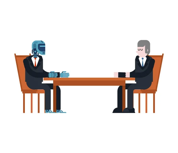 Cyborg Businessman Talks Robot Man Table Artificial Intelligence Vector Illustratio — Stock Vector
