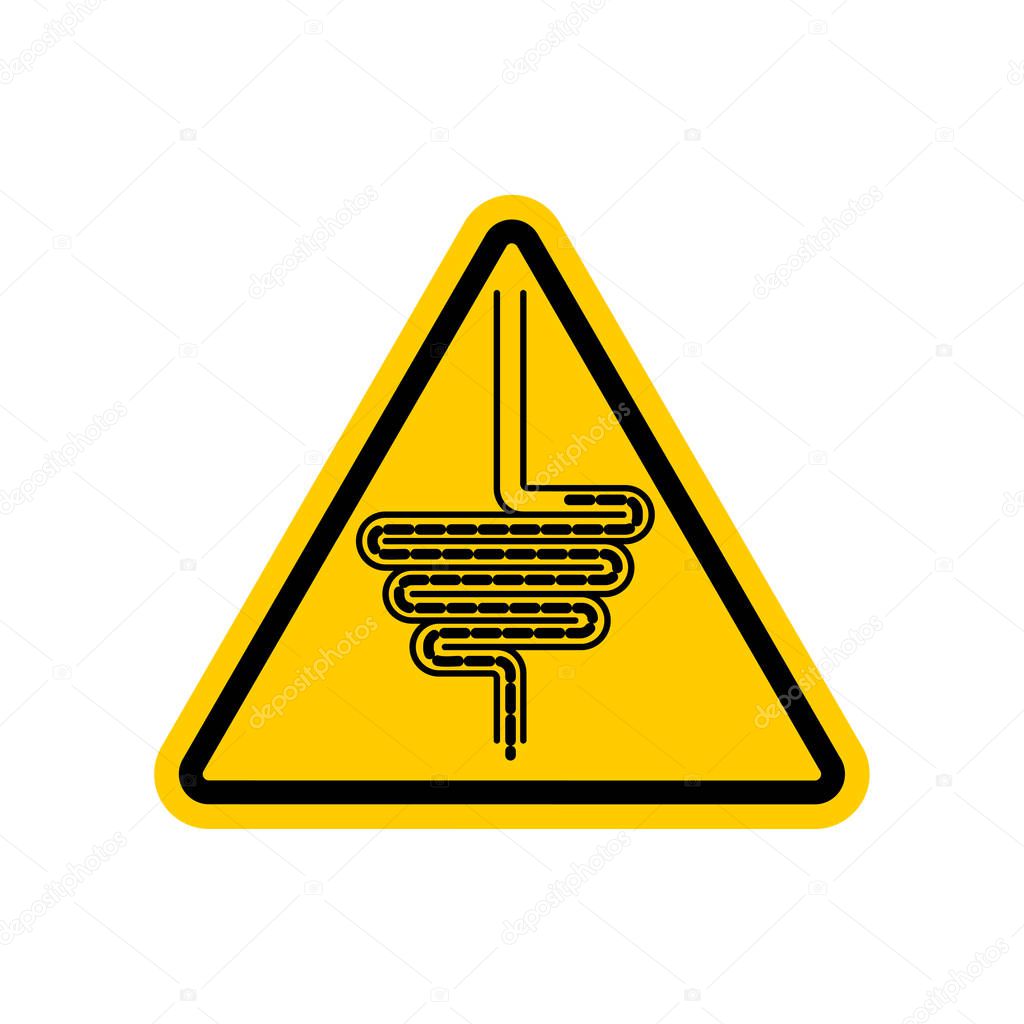 Attention Intestines. Yellow prohibitory triangular road sign. Caution Human gut