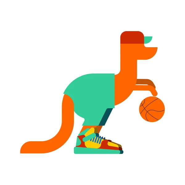 Känguru Basketballspieler Und Ball Australisches Tier Turnschuhen Sportler Vektorillustration — Stockvektor