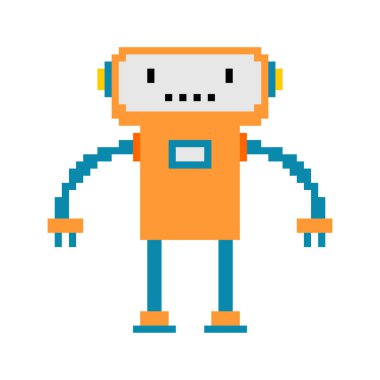 Robot piksel sanat. 8 bit cyborg. Dijital teknoloji oyuncak vektör çizim