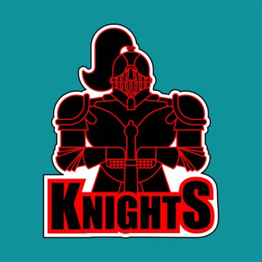 Şövalyeler sembolü. Metal zırh savaşçı. Knight ve metin. Demir zırh. Plaka ve kılıç. Vektör illustratio