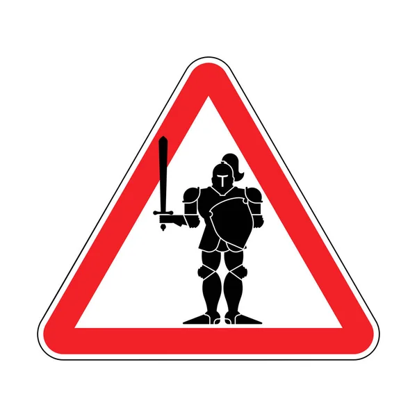 注目の騎士 危険性は 中世の戦士 レッド注意の道路標識 ベクトル Illustratio — ストックベクタ