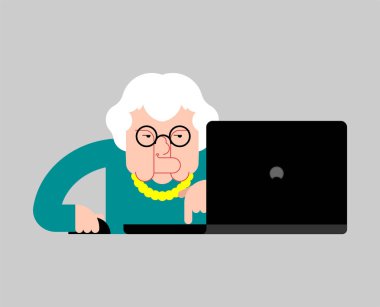 Büyükanne laptop çalışma. Yaşlı kadın ve defter. vektör çizim