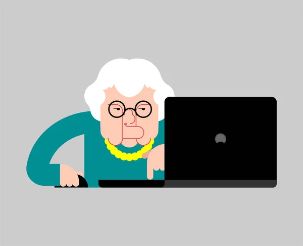 Γιαγιά Lap Top Εργασίας Ηλικιωμένη Γυναίκα Και Σημειωματάριο Εικονογράφηση Διάνυσμα — Διανυσματικό Αρχείο