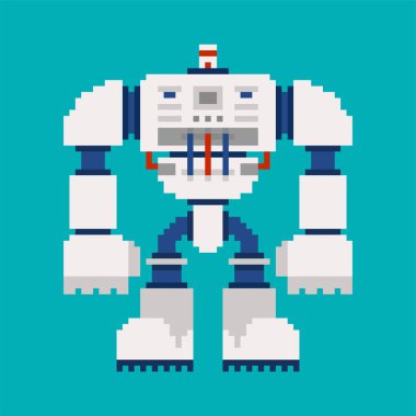 Robot piksel sanat. 8 bit Cyborg savaşçı gelecek. Vektör illustratio