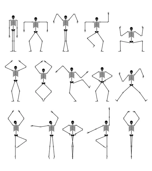 Esqueleto Conjunto Baile Bailes Cráneo Hueso Diferentes Posturas Vector Ilustración — Vector de stock