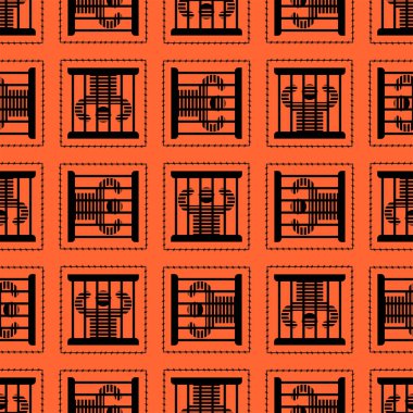 Hapishane desen sorunsuz. Mahkûm hapishane arka planda. Fail ve barlar üstünde pencere eşiği. Dikenli telle perimete