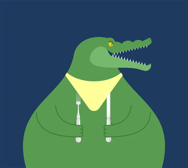 Krokodil Mit Löffel Und Gabel Abendessen Illustration Des Hungrigen Alligator — Stockvektor