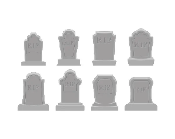 Set Pixel Art Gravi Tomba Bit Gravestone Halloween Rip Illustrazione — Vettoriale Stock