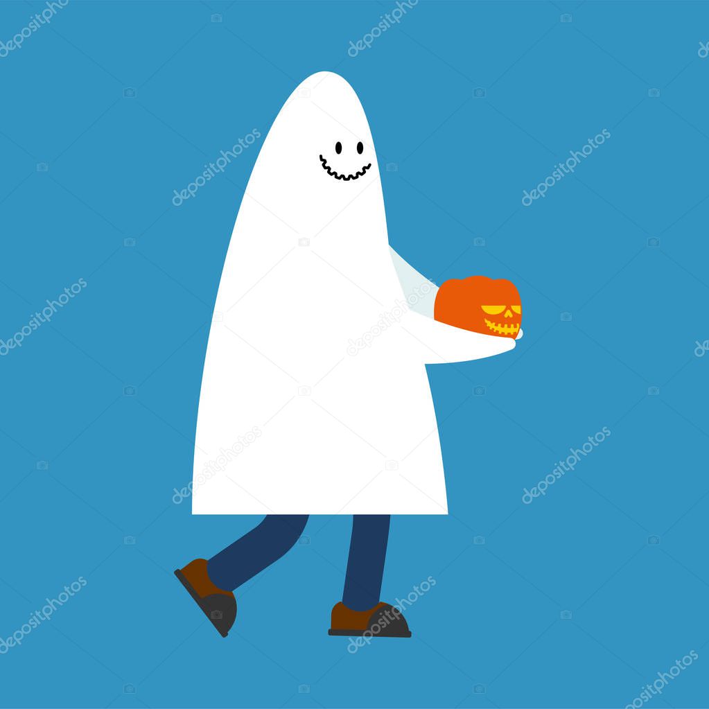Costume Ghost and Pumpkin. Halloween spook vector illustratio