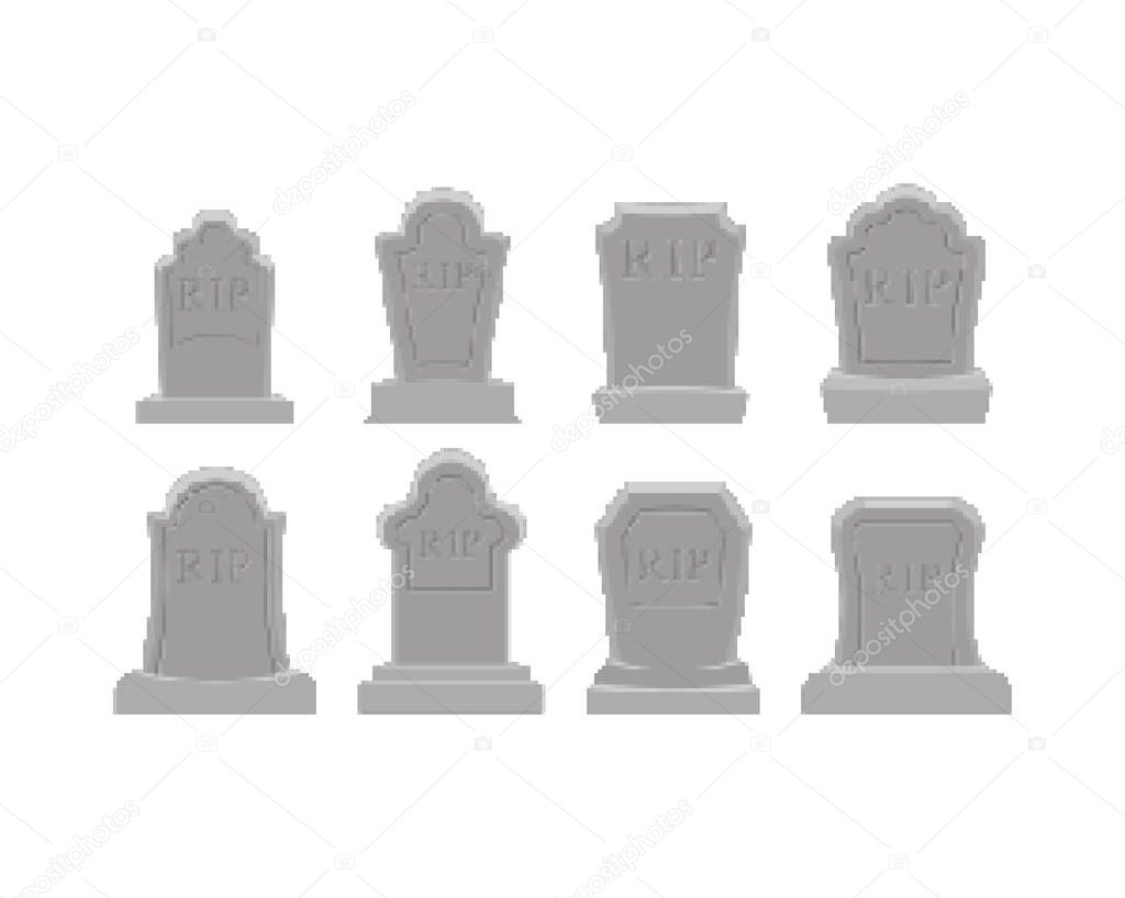 Grave pixel art set. Tomb 8 bit. Gravestone Halloween. RIP Cemetery vector illustration