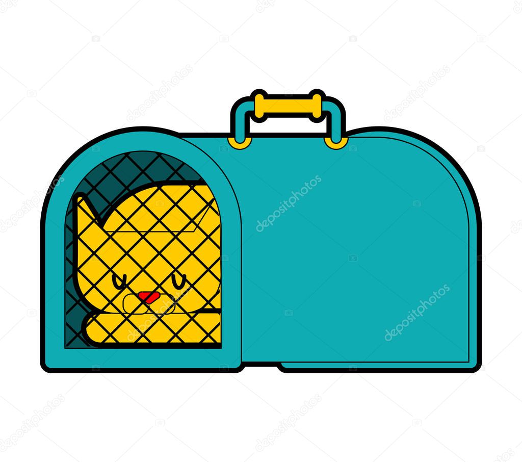 Cat transport box and pet. Carrying case Vector illustration