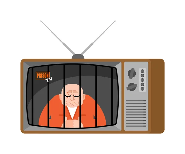 监狱电视新闻老电视 囚犯实况转播 囚犯广播记者 在电视演播室被监禁的主持人 — 图库矢量图片