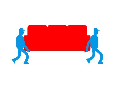 Movers ve kanepe. Hamallar kanepe taşırlar. Teslimat hizmeti. Yükleyici taşıyıcı adam tutarak. Hareketli vektör çizim
