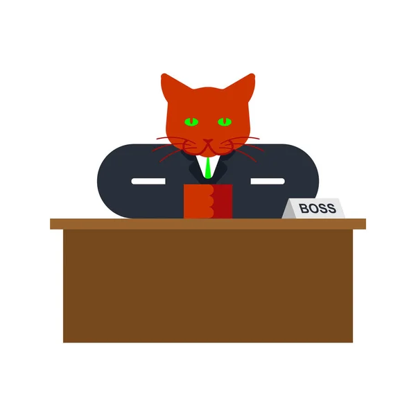 Jefe Cat Mascota Hombre Negocios Hombre Negocios Escritorio Ilustración Vectorial — Vector de stock
