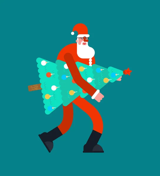 Santa Lleva Árbol Navidad Claus Spruce Abuelo Sosteniendo Abeto Año — Vector de stock