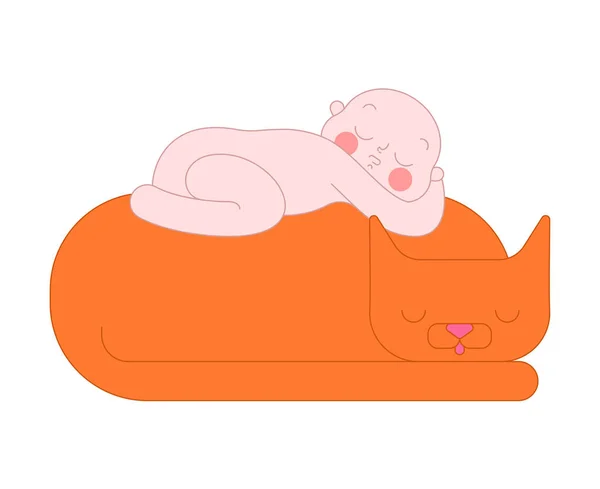 Baby Slaapt Met Kat Kind Kitten Sleepin — Stockvector