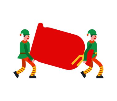 Santa Elf taşıma kırmızı çantası. Elfler hamallar adam ve torba. Yükleyici taşıyıcı adam çanta. Yeni yıl ve Xmas vektör çizim
