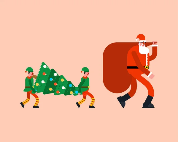 Santa Bolsa Roja Elfos Árbol Navidad Año Nuevo Navidad Vector — Archivo Imágenes Vectoriales