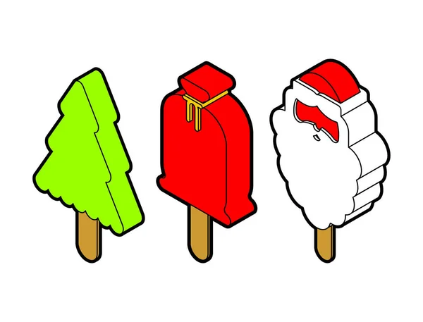 Christmas Ice Cream Stick Set Christmas Tree Red Bag Santa — Stock Vector