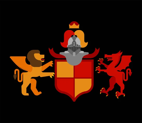 紋章入りの盾翼ライオン ドラゴンと騎士のヘルメット 幻想獣 テンプレートの紋章デザイン要素 ロイヤル ファミールの紋章付き外衣 — ストックベクタ