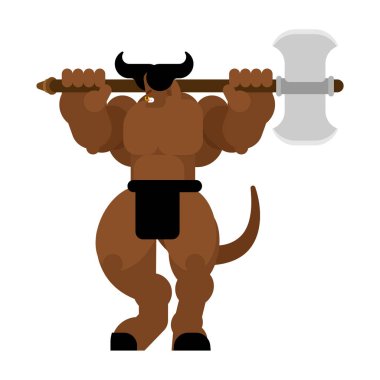 Minotaur güçlü. Güçlü yarı insan yarı boğa. Silah ile efsanevi canavar