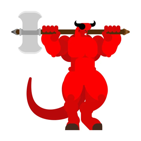 魔鬼与斧头 强烈的愤怒阿斯莫代斯 红色恶魔大 有角的撒旦 强大的比尔泽布黑暗之王 硬路西法老板 — 图库矢量图片