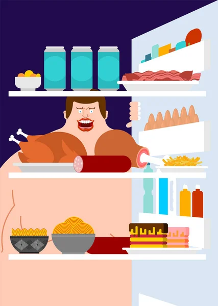 Offener Kühlschrank Und Dicker Mann Sicht Viel Essen Kühlschrank Für — Stockvektor