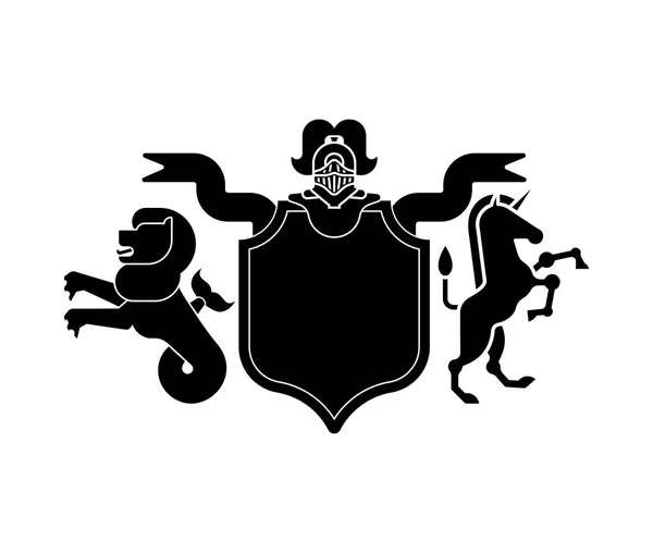 紋章シールド海のライオンとユニコーン 騎士のヘルメット 幻想獣 テンプレートの紋章デザイン要素 ロイヤル ファミールの紋章付き外衣 — ストックベクタ