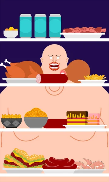 打开冰箱之夜和胖子 食物剪影 用于暴饮暴食的冰箱 — 图库矢量图片