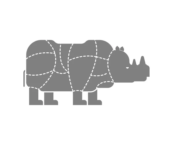 肉的切的犀牛 犀牛剪影计划线不同的零件肉 如何切割肉食野兽 肉店的海报屠夫图 烧烤和牛排 美味佳肴 — 图库矢量图片