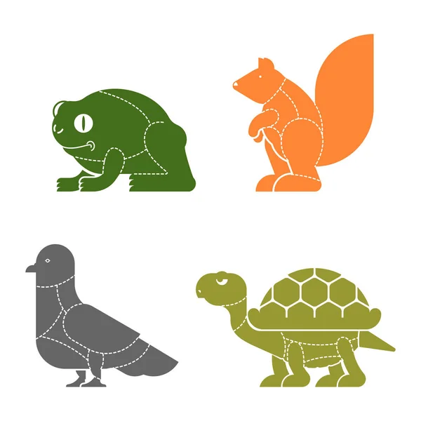 Coupe Viande Mis Bête Lignes Schéma Silhouette Tortue Grenouille Différentes — Image vectorielle