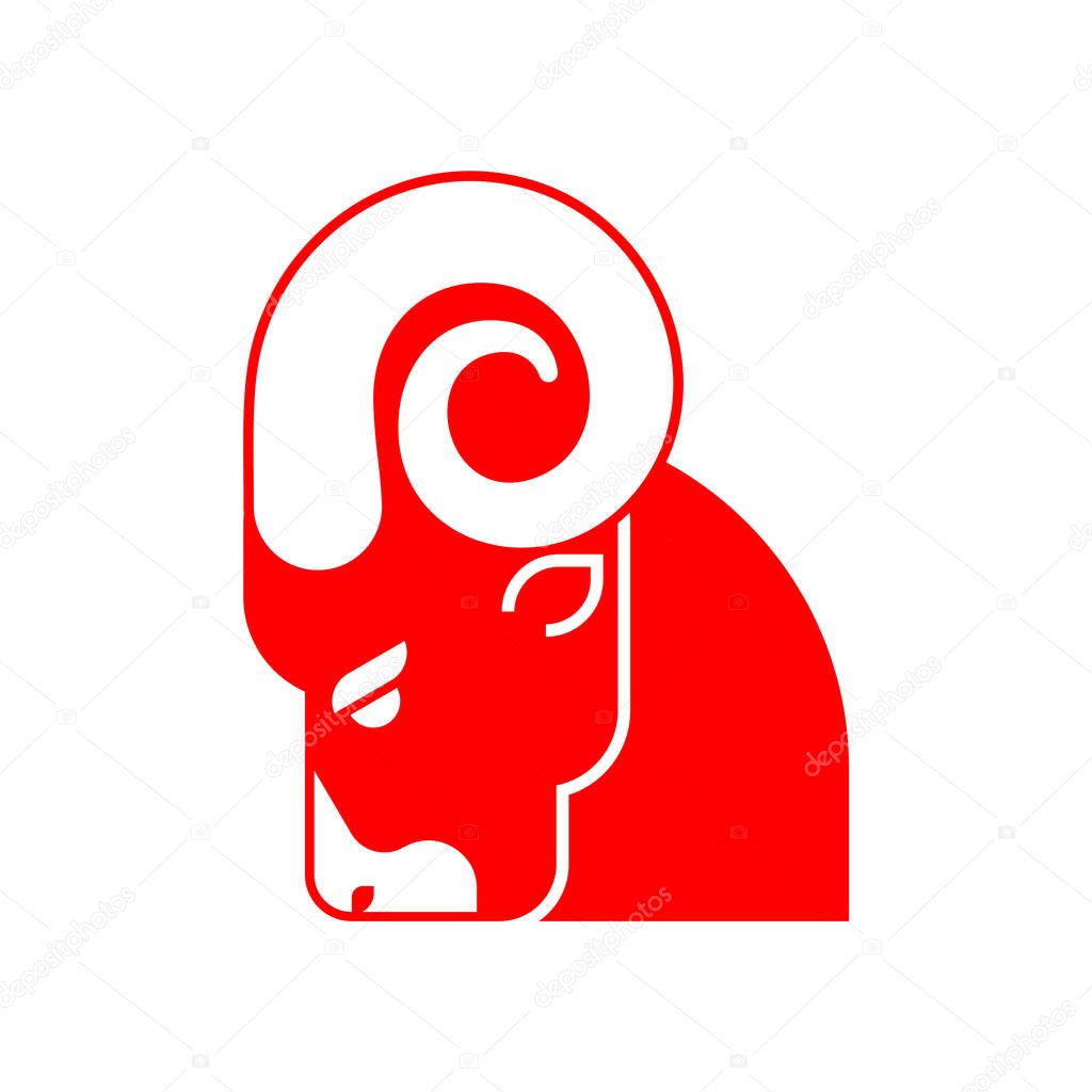 Red ram head isolated. Horned sheep face. Farm animal