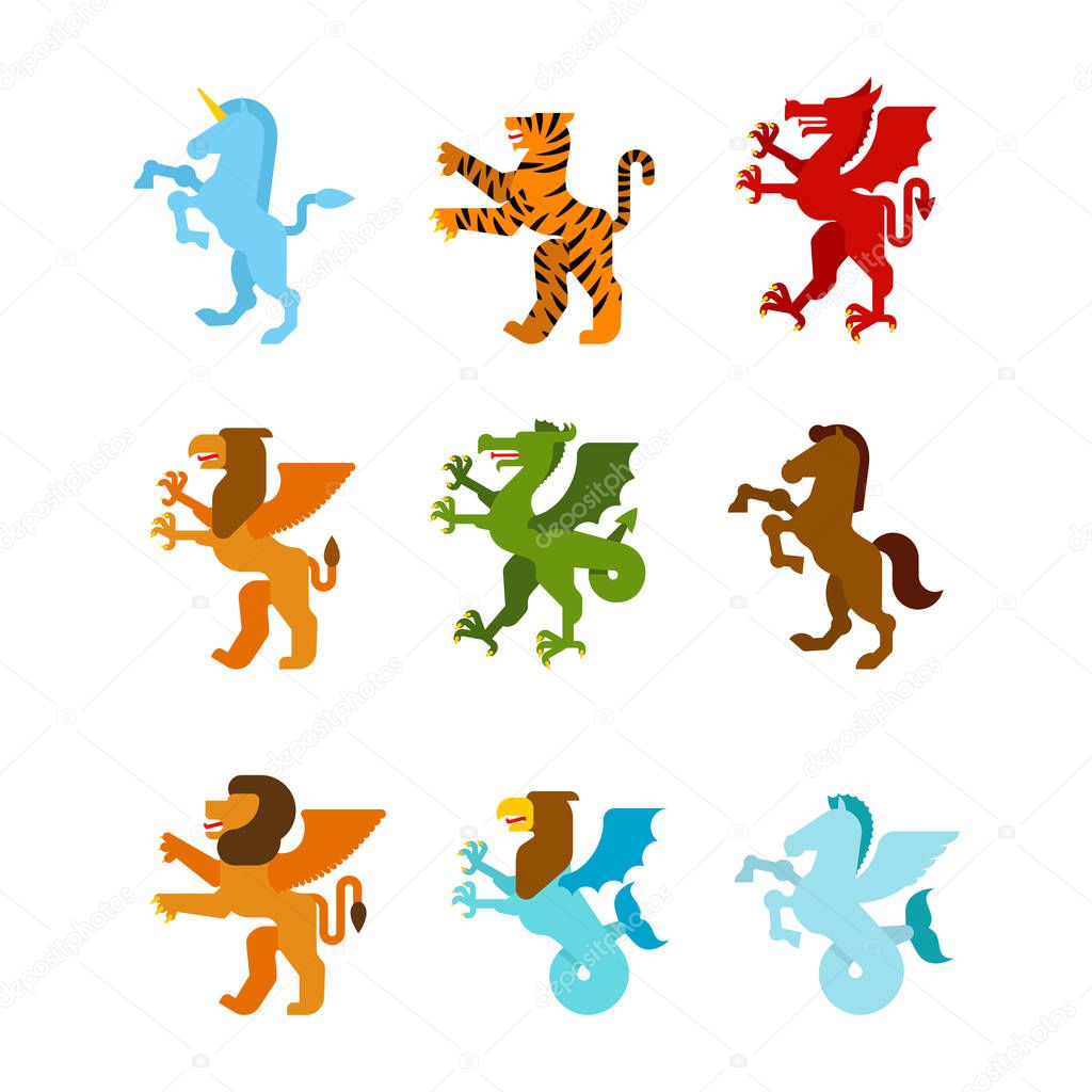 Heraldic animal set. Fantastic Beast. Monster for coat of arms. Heraldry design element. Unicorn, tiger and dragon. Horse, winged lion and griffin. Hippocampus and Sea griffin. 