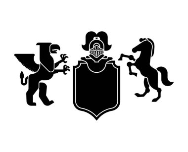 Hanedan kalkan Griffin ve at ve Knight kask. Fantastik canavarlar nelerdir. Şablon hanedanlık armaları tasarım öğesi. Kraliyet famil arması