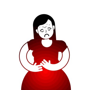 PMS simgesi. Adet ağrısı kız işareti. Karın ağrısı acı bir kadın. Abdominal kramp süre kızla