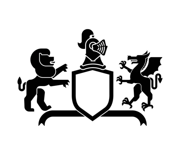 Schild Van Heraldische Leeuw Draak Ridder Helm Fabeldieren Sjabloon Heraldiek — Stockvector