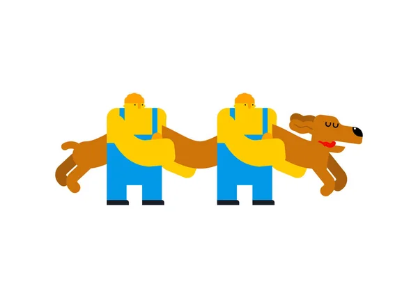 Workers Carry Dachshund Long Dog Cartoon Styl — Stock Vector