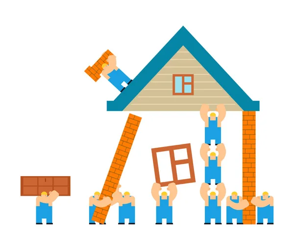 Constructores Construyendo Casa Estilo Dibujos Animados Trabajadores Hogar Pared Construcción — Vector de stock