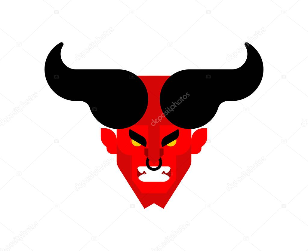 Asmodeus Devil with horns head. Beelzebub lord of darkness. Lucifer boss hell. Red demon face. Horned Satan muzzle.