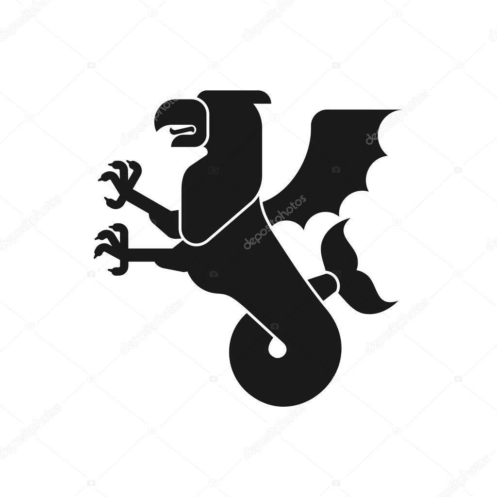 Sea griffin Heraldic animal Silhouette. Griffin with fishtail. Fantastic Beast. Monster for coat of arms. Heraldry design element.
