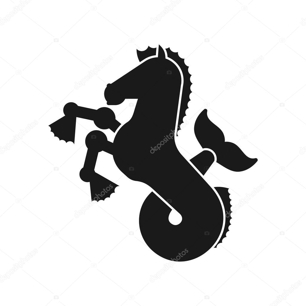 Hippocampus Heraldic animal silhouette. Sea horse with fishtail. Fantastic Beast. Monster for coat of arms. Heraldry design element.